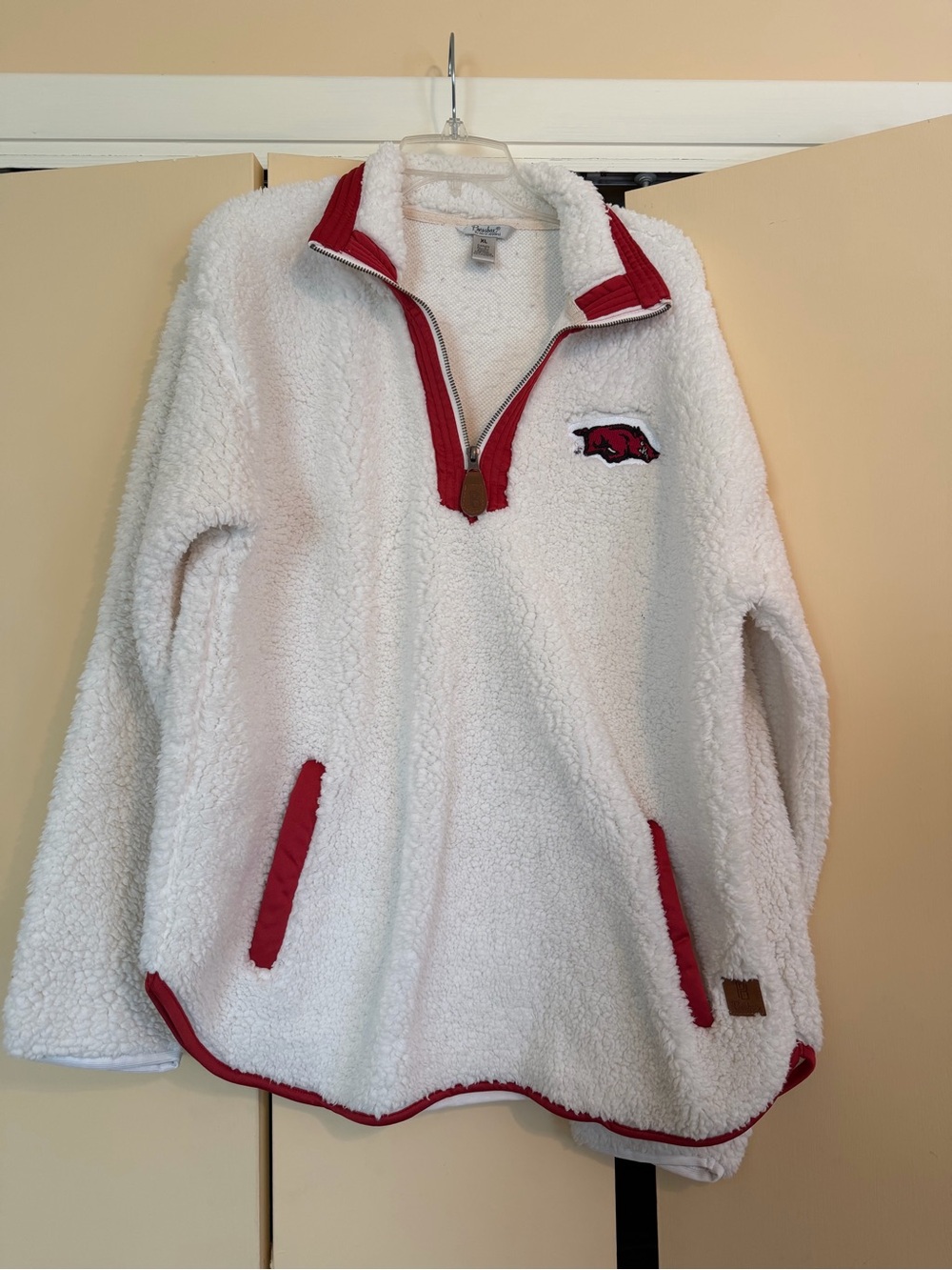 Pressbox White Sherpa Pullover with Red Trim and Quarter Zip